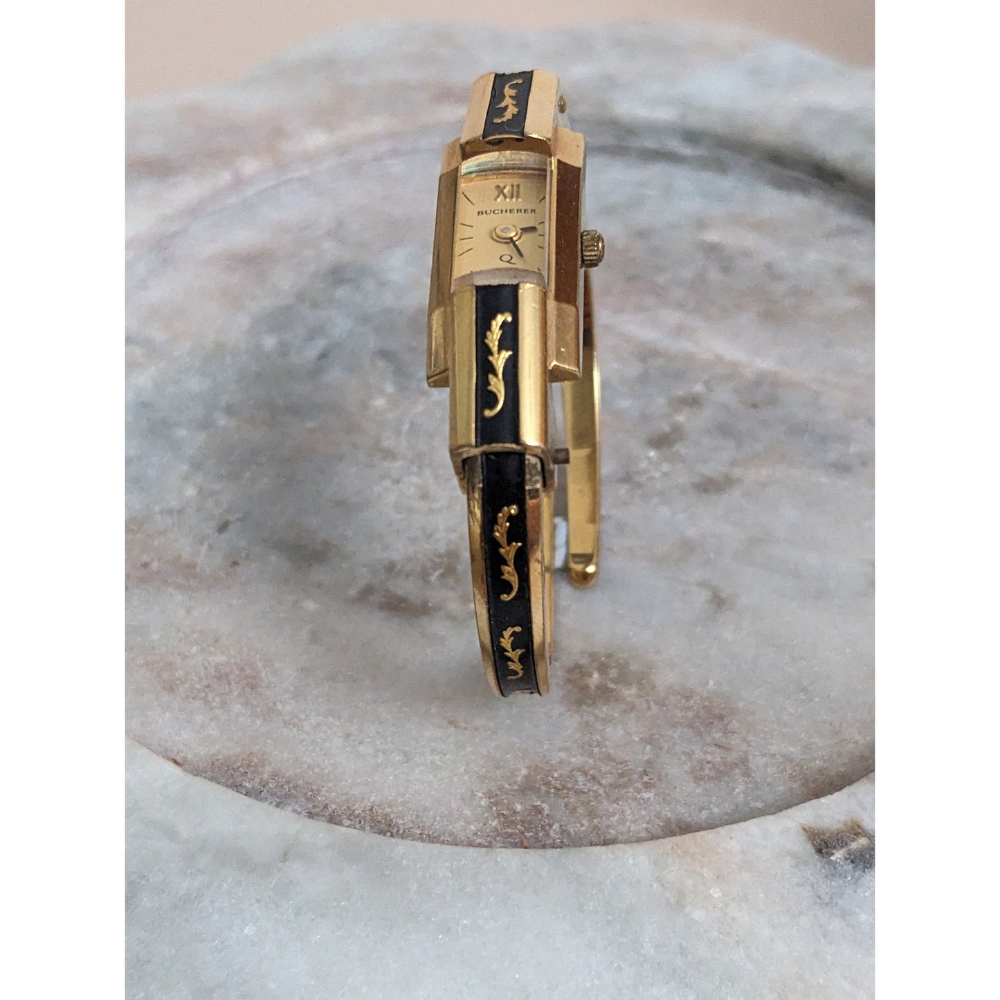 Vintage Andre Mouche Silver Tone Bangle Watch with Blue Floral Enamel Working