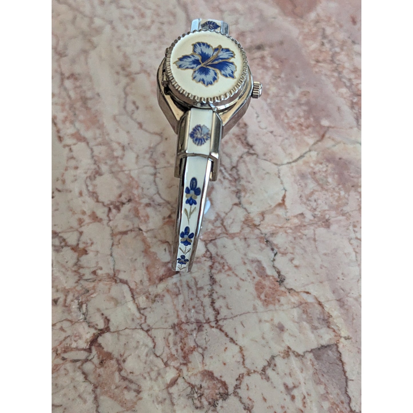 Vintage Andre Mouche Silver Tone Bangle Watch White Enamel Blue Flowers