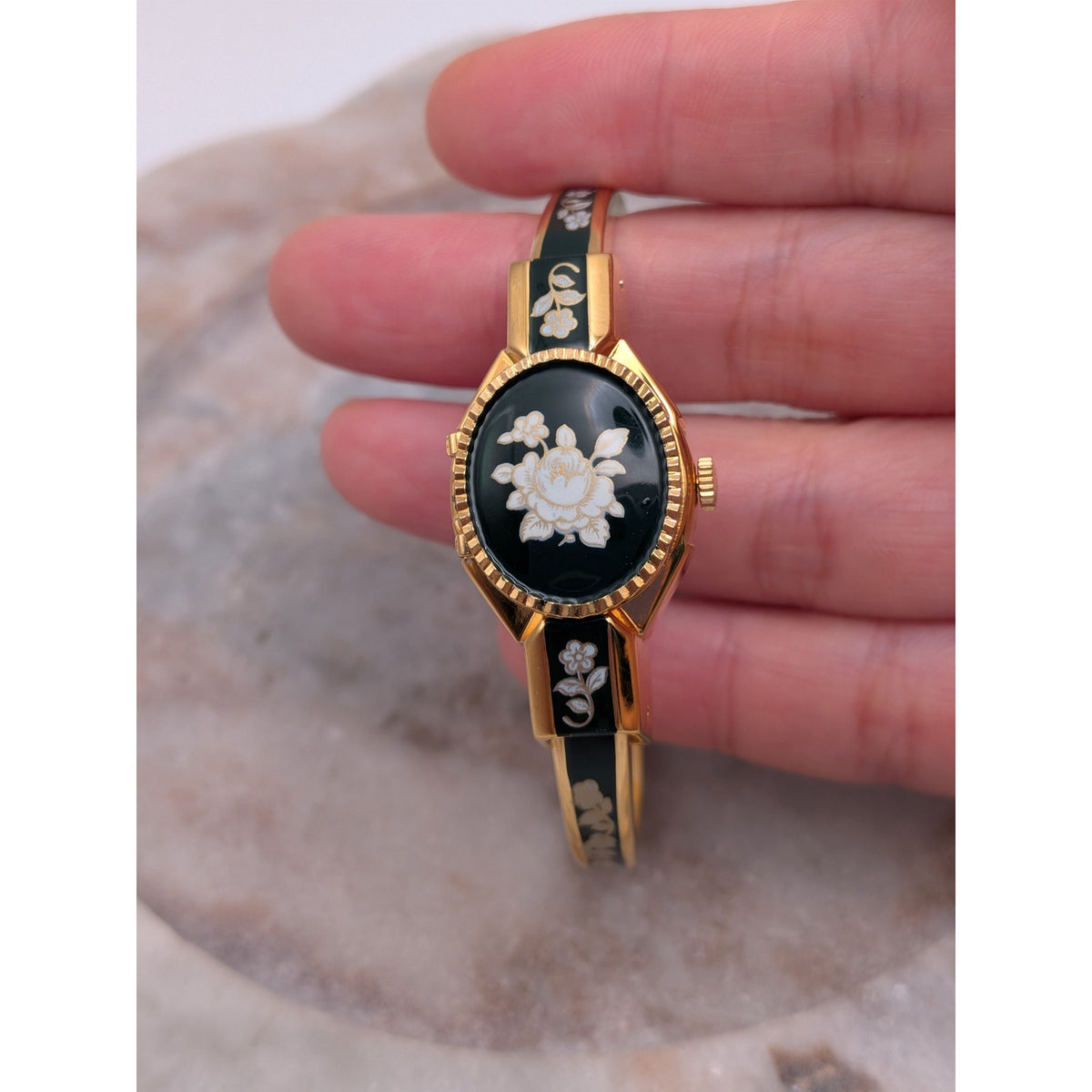Vintage Andre Mouche Gold Tone Peekaboo Watch Dark Green Enamel White Flowers