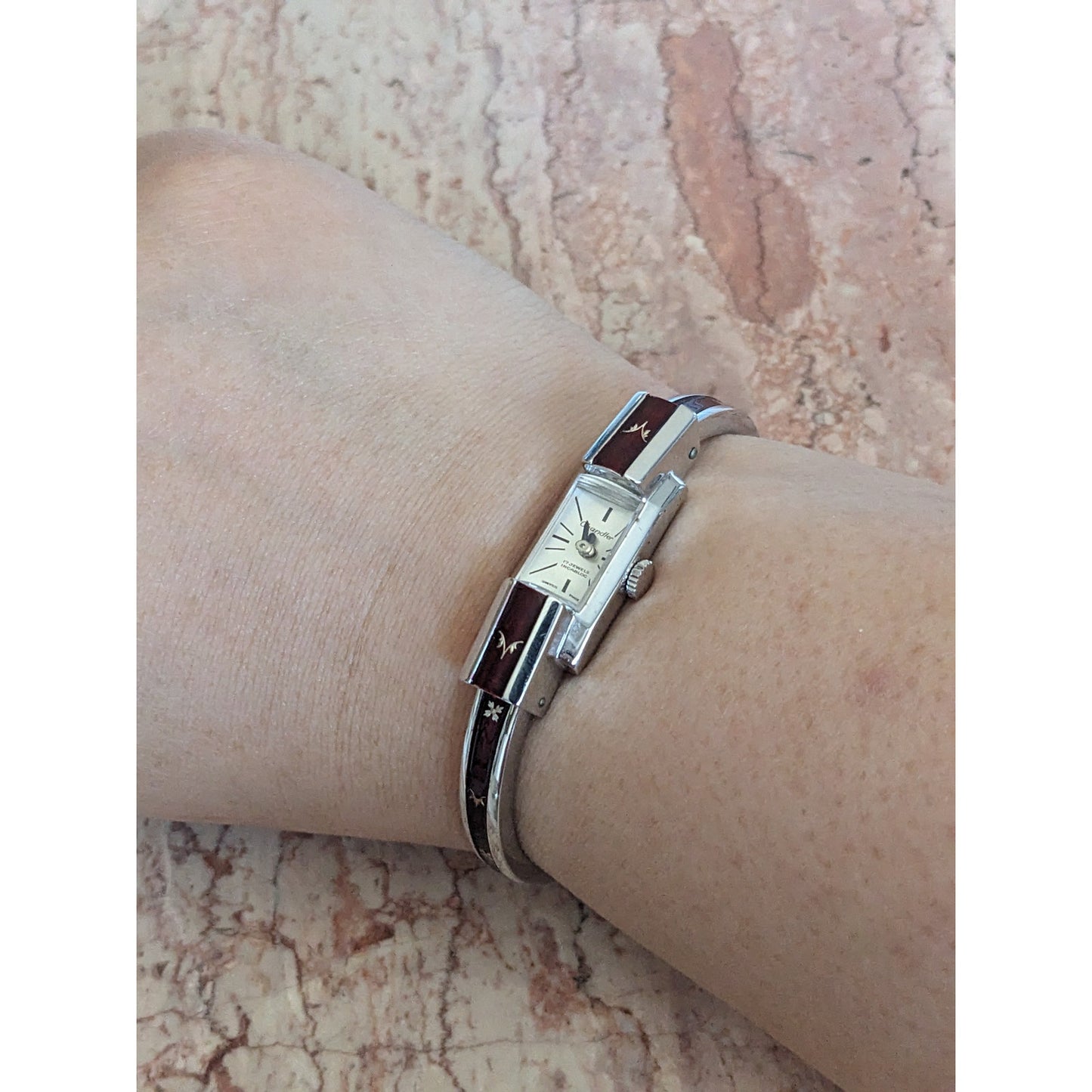 Vintage Chandler Manual Silver Tone Bangle Watch Red Enamel Botanical Shqapes