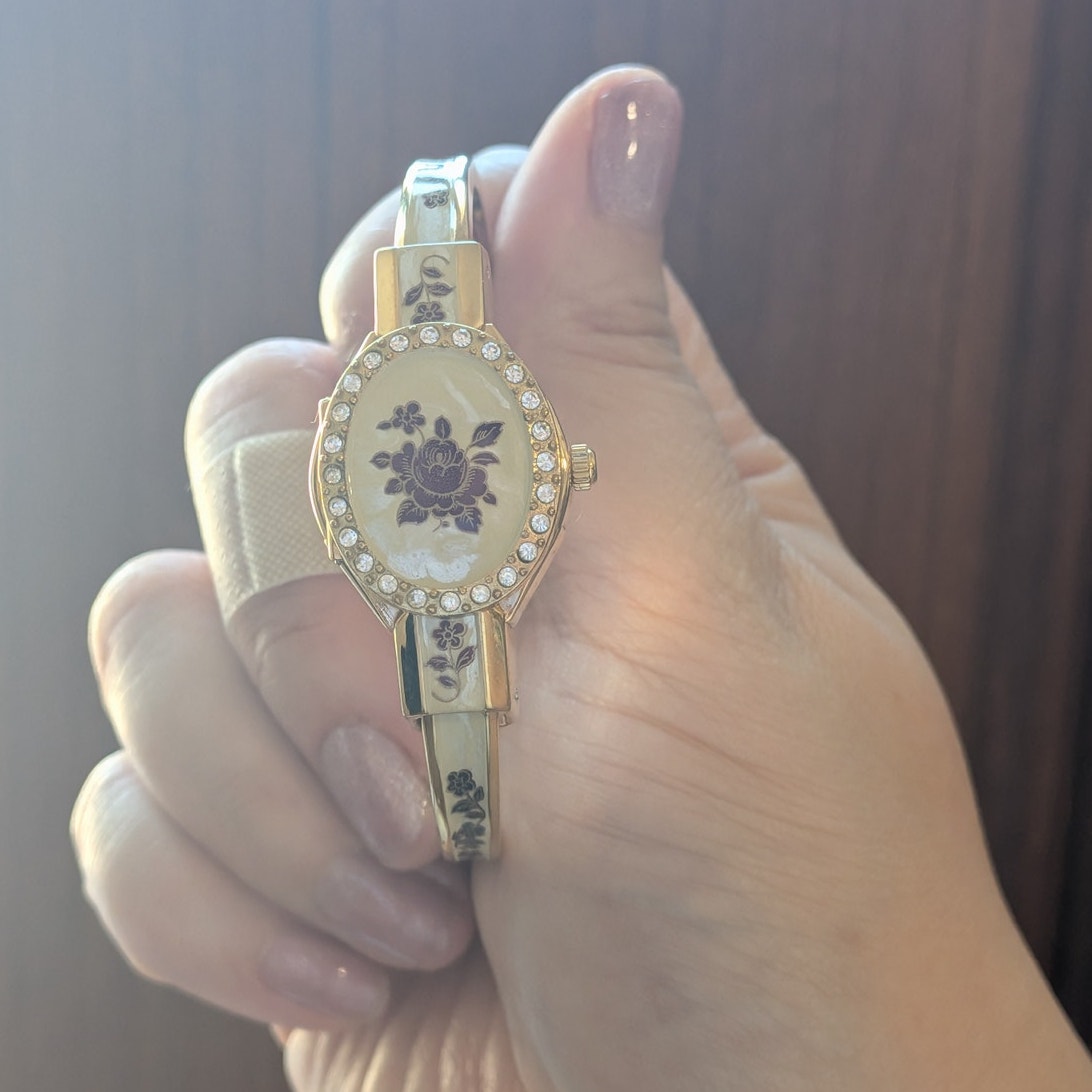 Vintage Andre Mouche Gold Tone Peekaboo Watch Cream Enamel Red Flowers & Stones