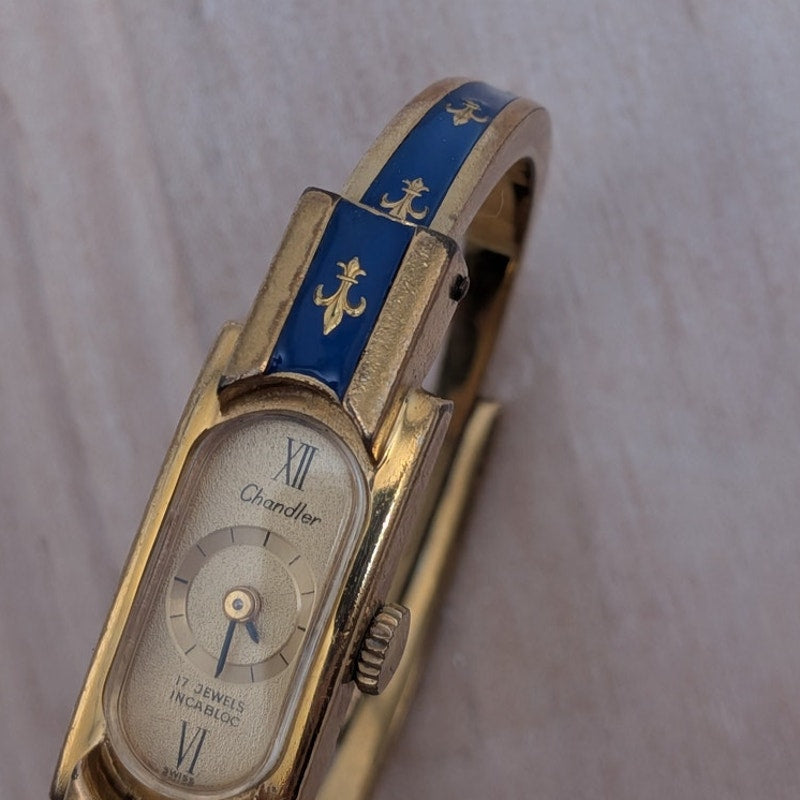 Vintage Chandler Gold Tone Manual Watch Blue Enamel Fleur De Lis Accents