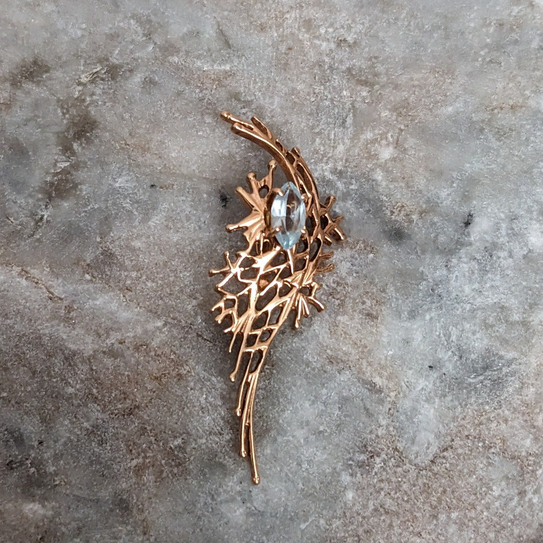 Vintage 14K Gold Modernist Brutalist Pendant with Light Blue Gem