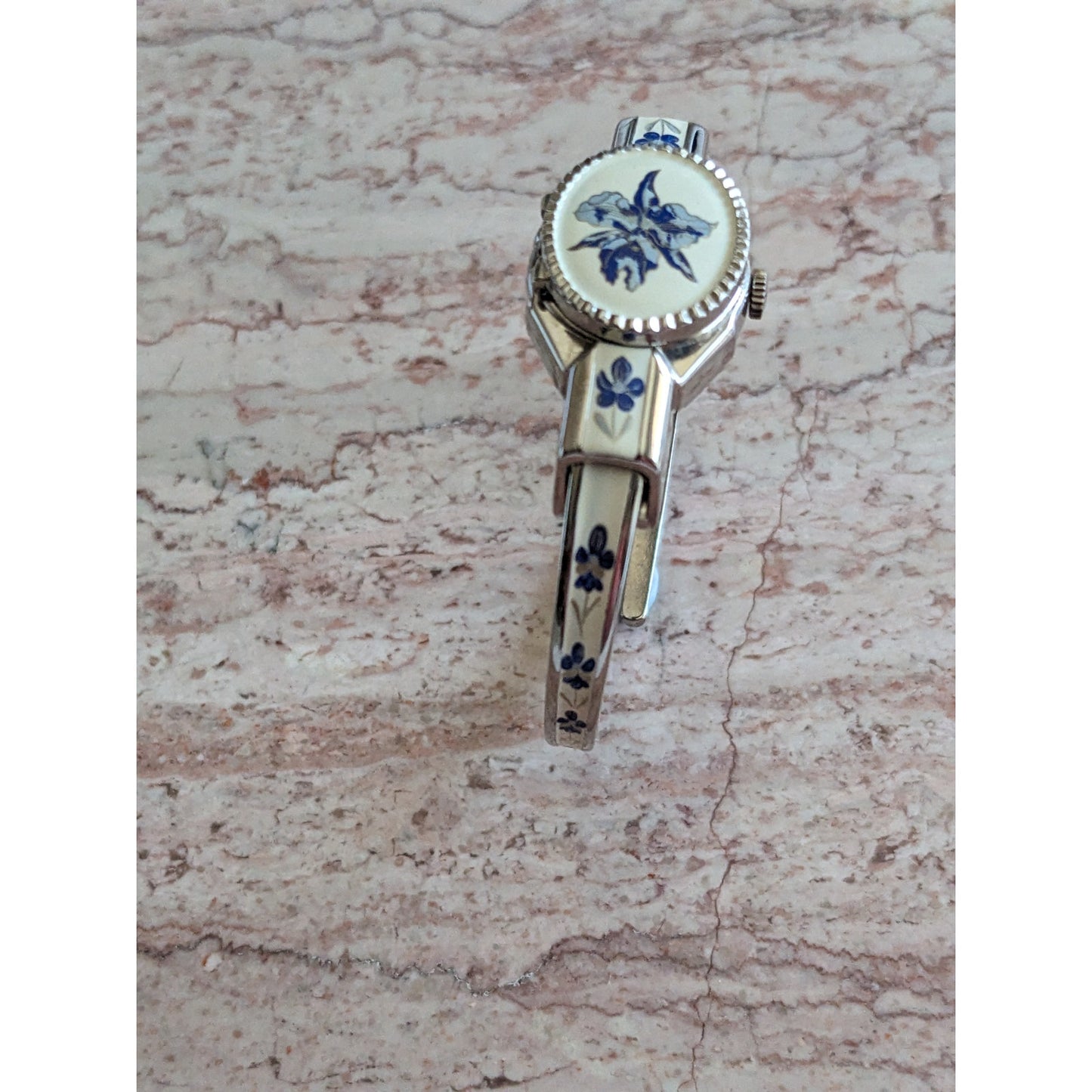 Vintage Andre Mouche Silver Tone Bangle Watch White Enamel Blue Flowers