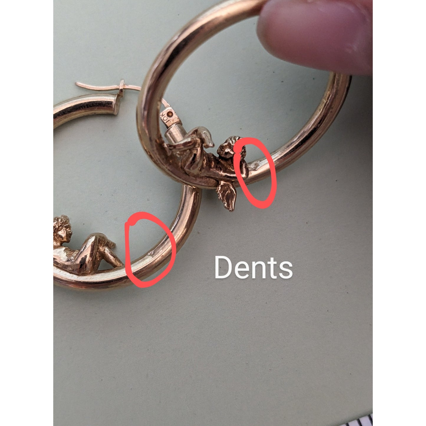 FLAW Vintage 10k Yellow Gold Cherub Angels Laying on Hollow Hoop Earrings