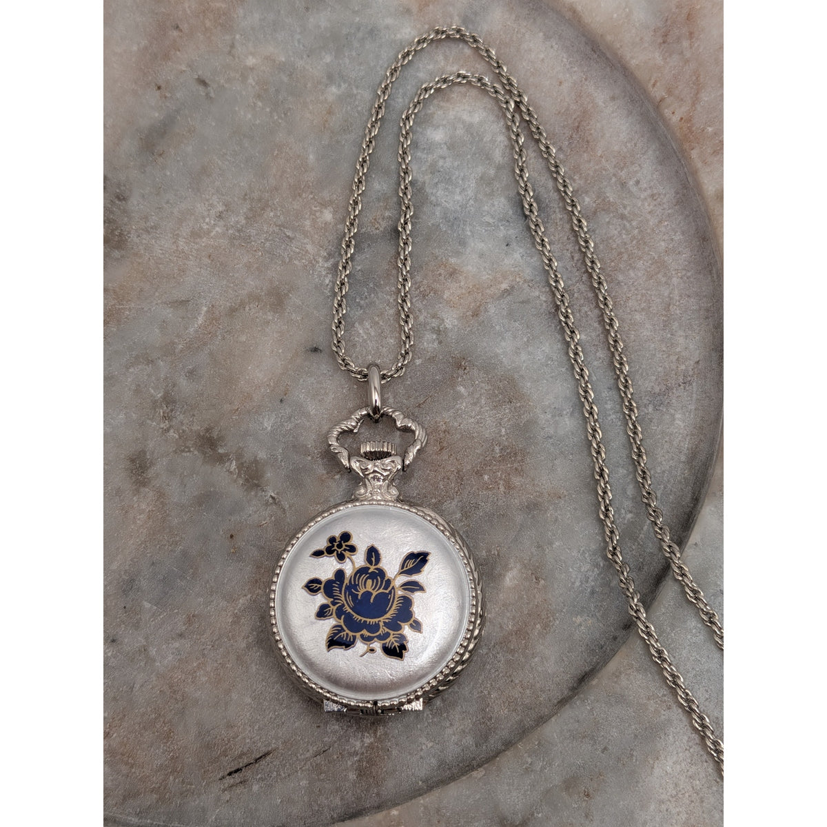 Vintage Andre Mouche Silver Tone Pendant Watch Necklace Grey Enamel Blue Flowers