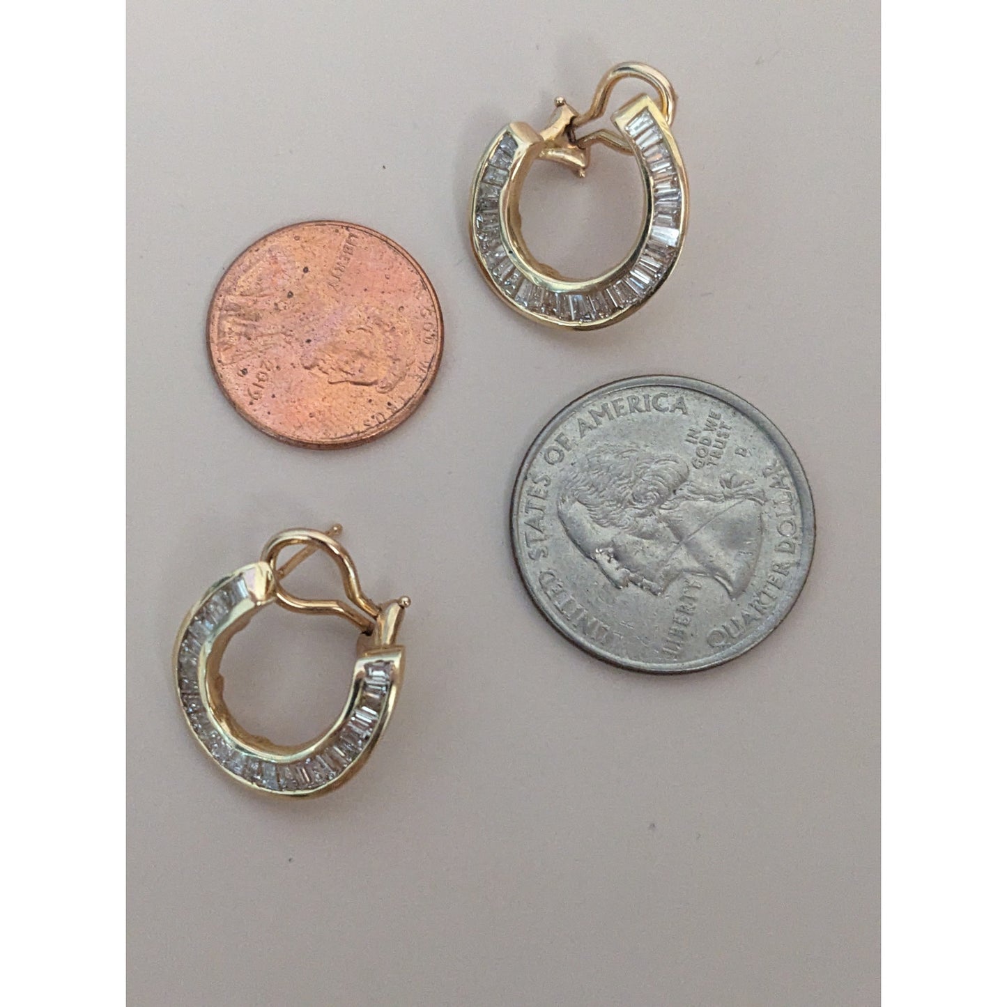 Estate 14k Yellow Gold Baguette Diamonds Omega Backing Earrings