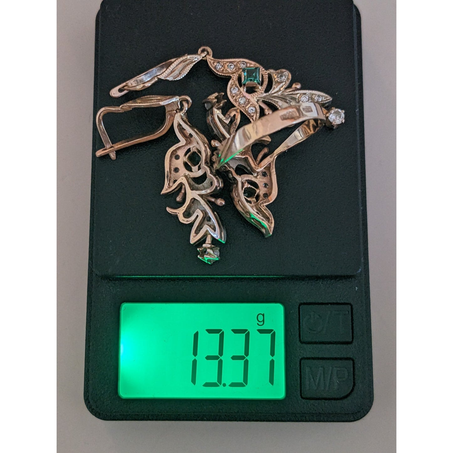 Vintage 1990s 14k Gold USSR Ring Size 9 & Earring Lab Emerald Natural Diamonds
