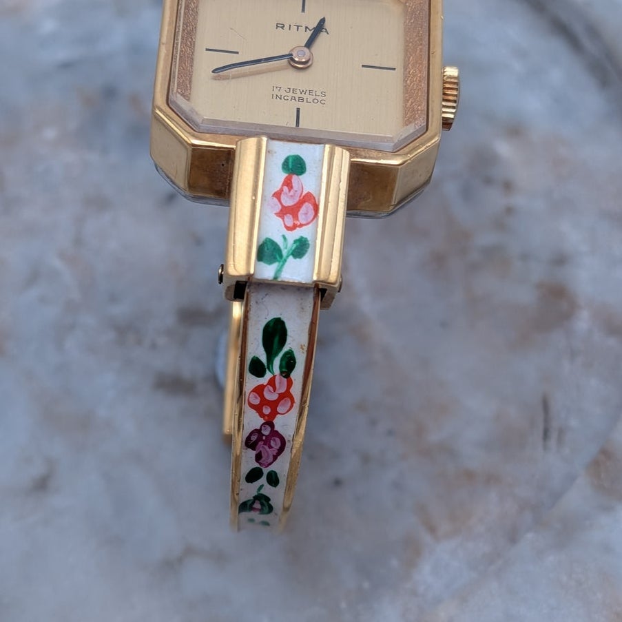 Vintage Ritma MANUAL Gold Tone Bangle Watch White Enamel & Flowers Square Dial