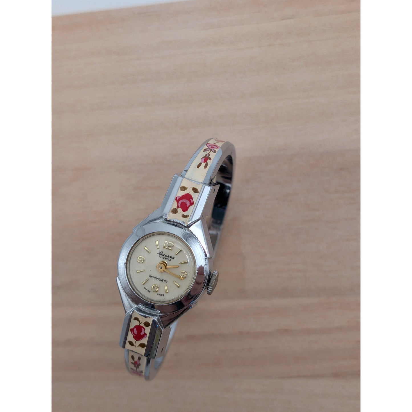 Vintage Lucerne Silver Tone Bangle Watch White Enamel Red Flowers