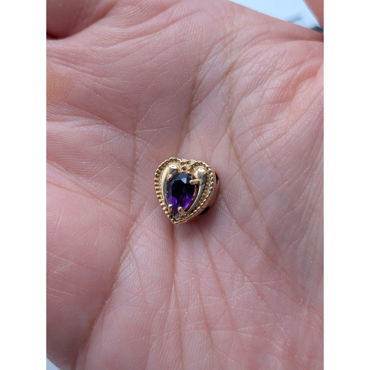 Vintage Old Victoria 14k Gold Heart Bracelet Slide Charm Purple Stone