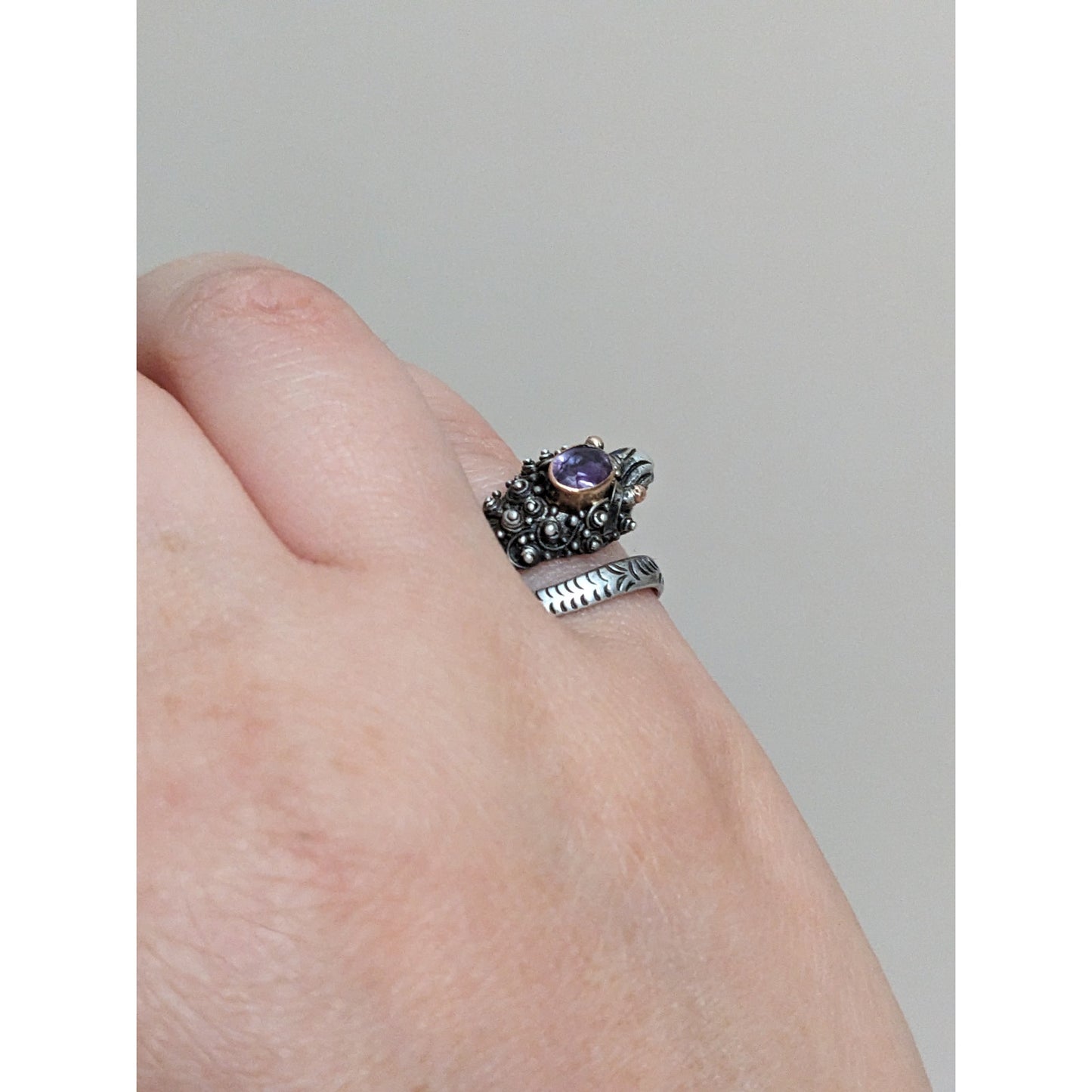 Vintage 925 Sterling Silver and 22k Gold Accent Dragon Amethyst Ring Size 6