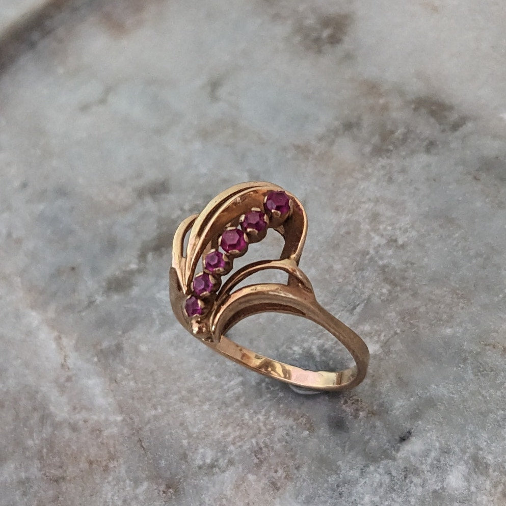 Vintage USSR 14k 1950s Gold Cocktail Abstract Ring with Lab Rubies Size 8.25