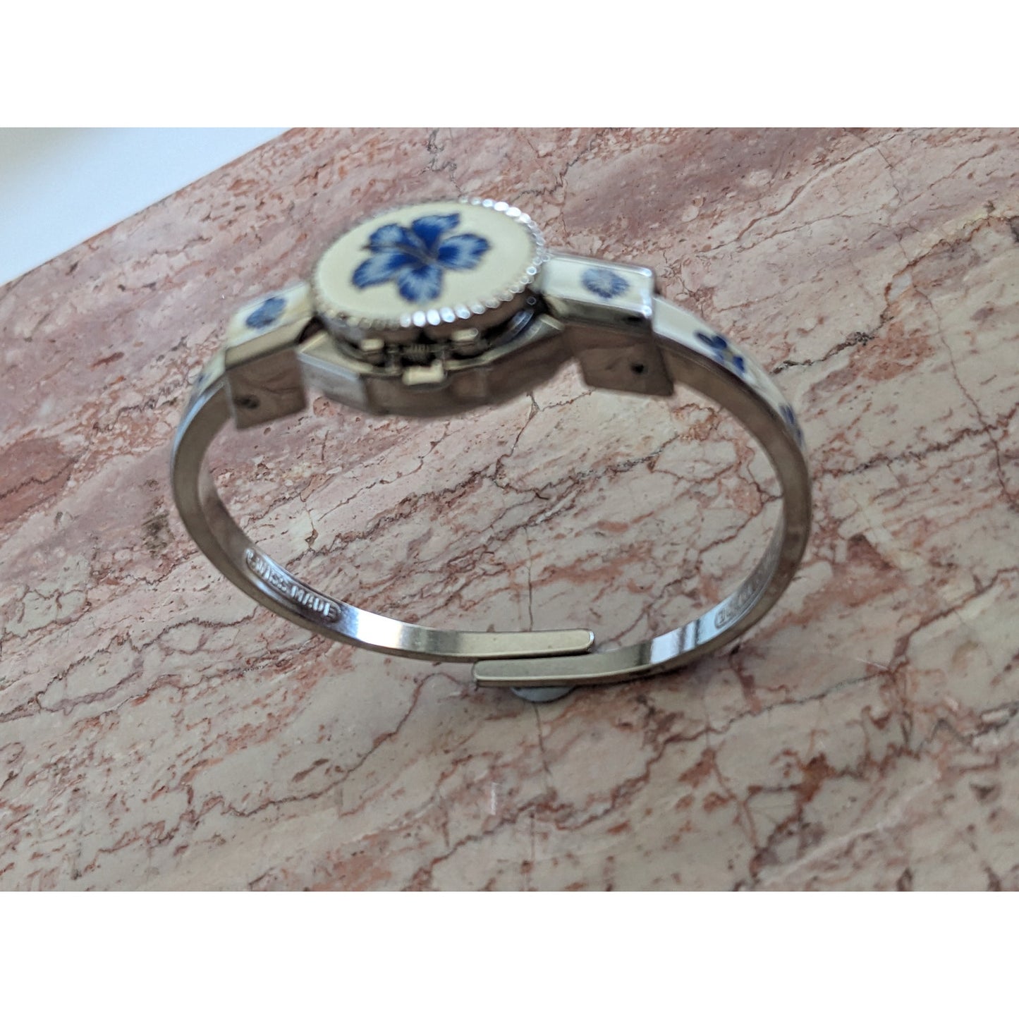 Vintage Andre Mouche Silver Tone Bangle Watch White Enamel Blue Flowers