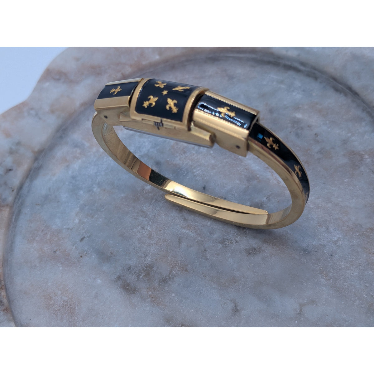 Vintage Chandler Gold Tone Peekaboo Watch Black Enamel Gold Fluer De Lis Accents