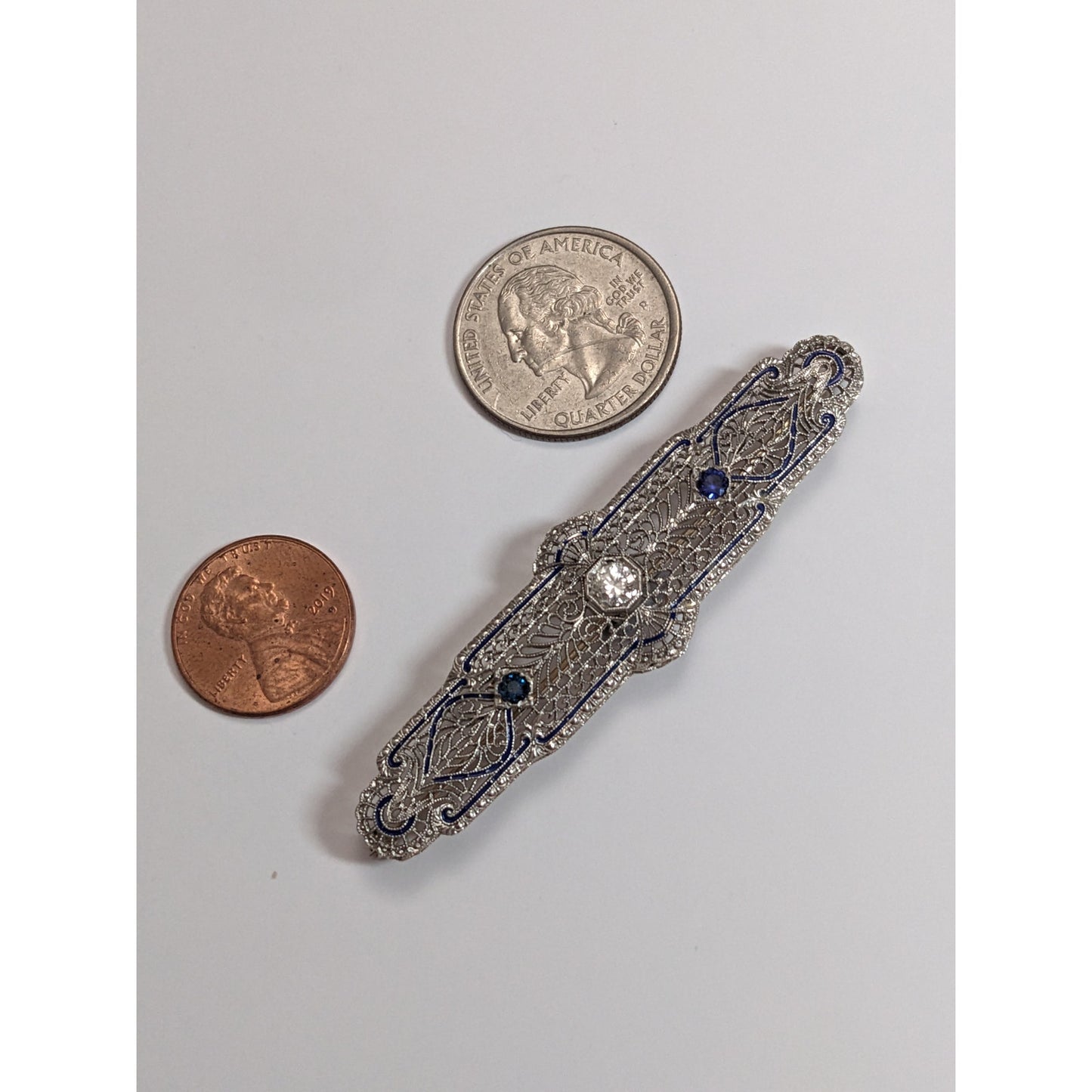 Vintage 14k White Gold Filigree Blue Enamel Diamond and Sapphire Accent Brooch
