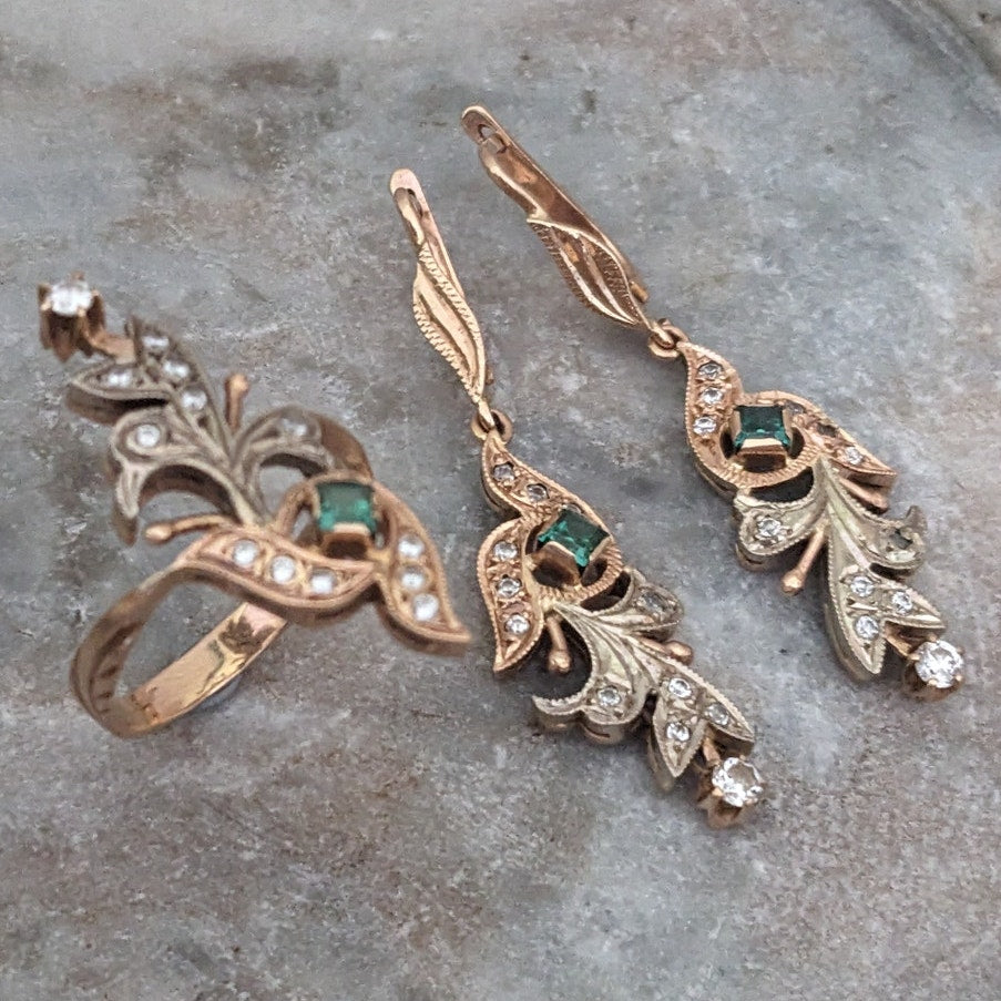 Vintage 1990s 14k Gold USSR Ring Size 9 & Earring Lab Emerald Natural Diamonds