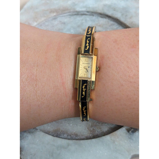 Vintage Andre Mouche Silver Tone Bangle Watch with Blue Floral Enamel Working