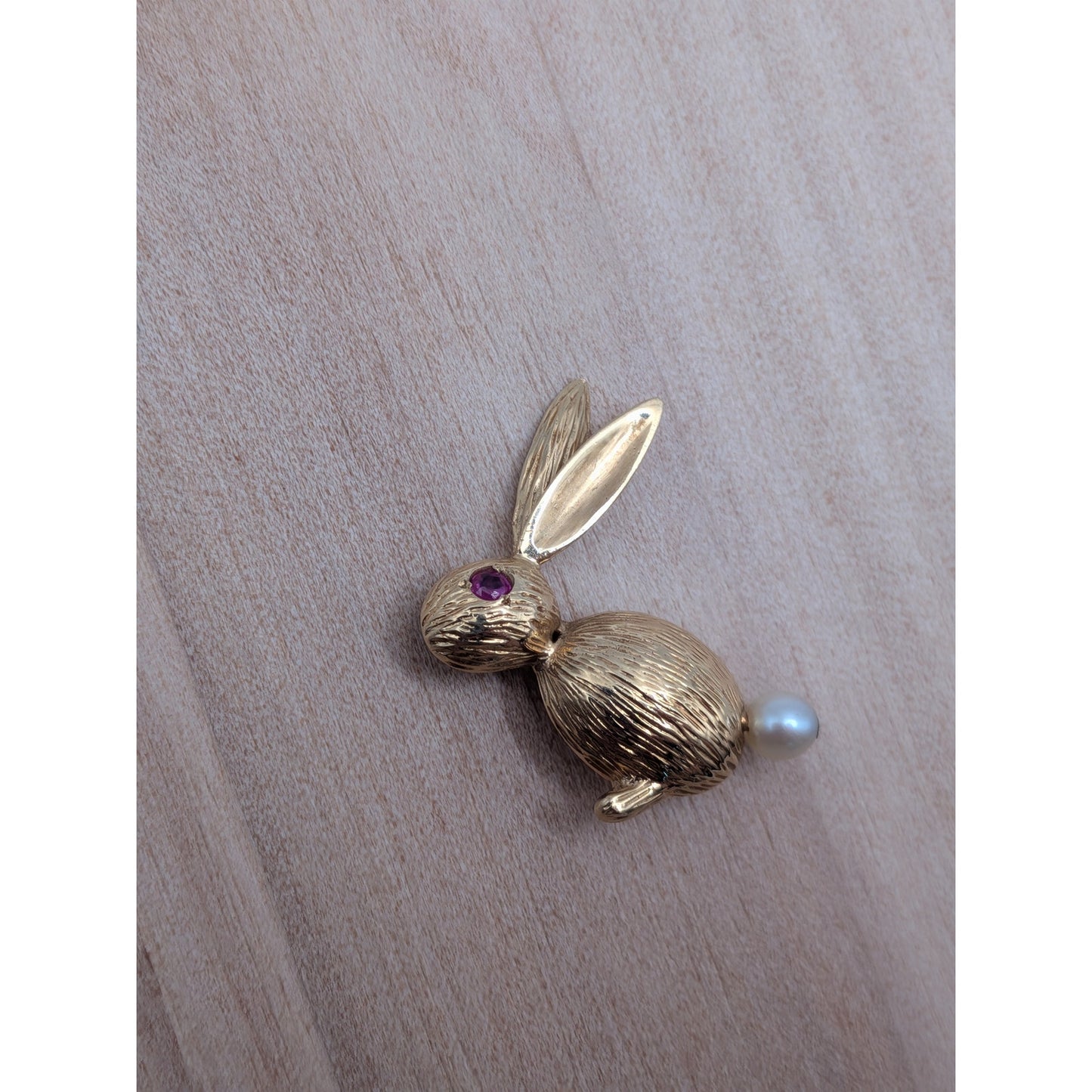 Vintage 14k Yellow Gold Rabbit Brooch with Pink Eye and Pearl
