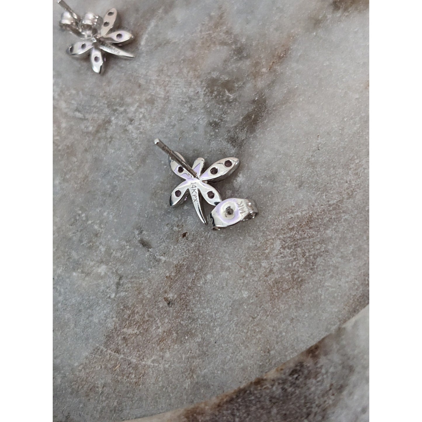 Estate 14k Gold Pink Sapphires and Diamond Dragonfly Stud Earrings