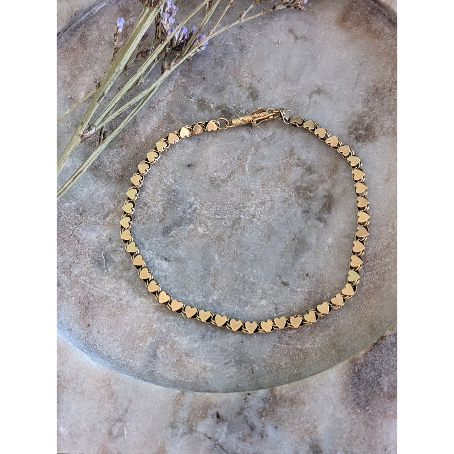 Estate 14k Yellow Gold Heart Links Chain Bracelet 7.5in