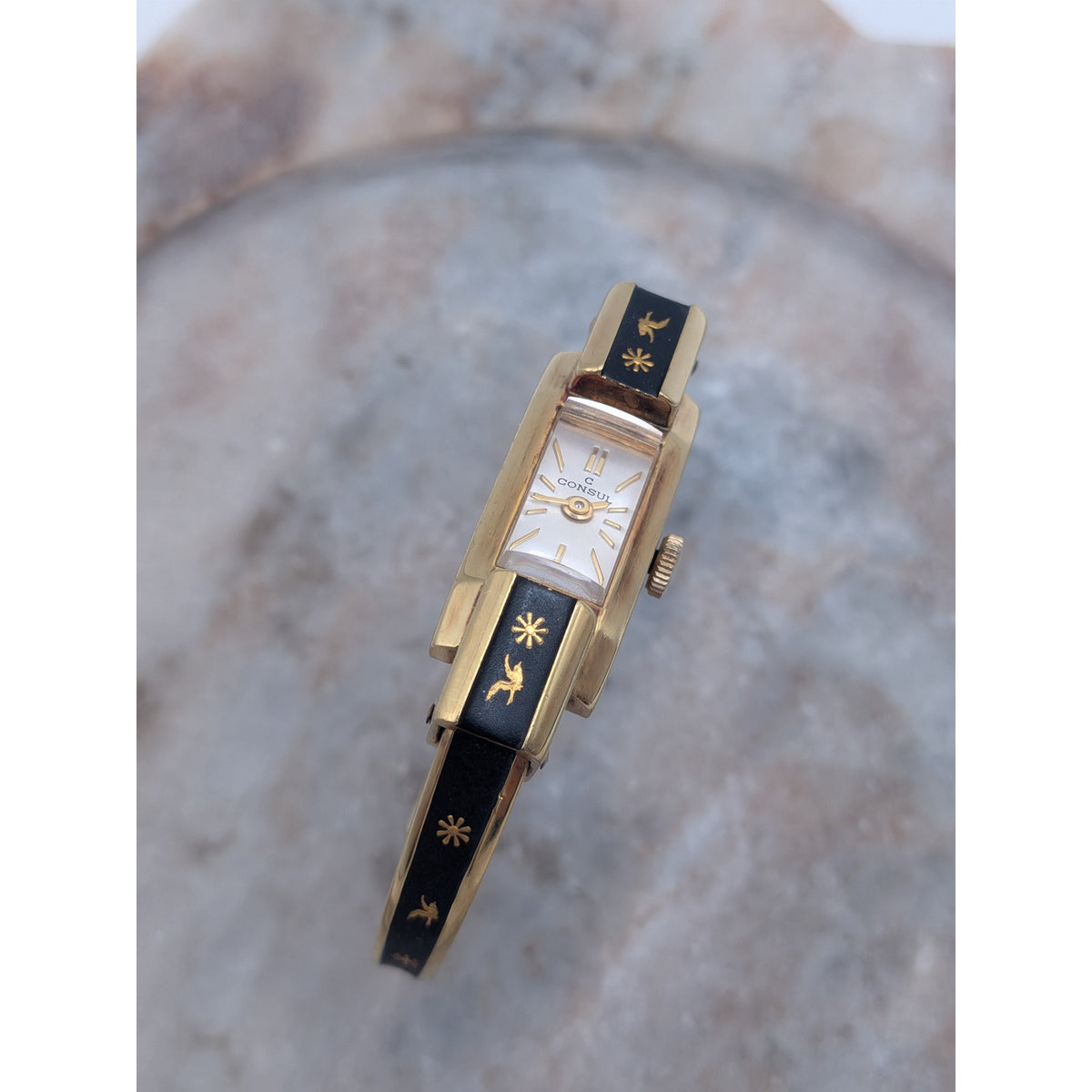 Vintage Consul Gold Tone Watch Matte Black Enamel Bird and Flower Accents
