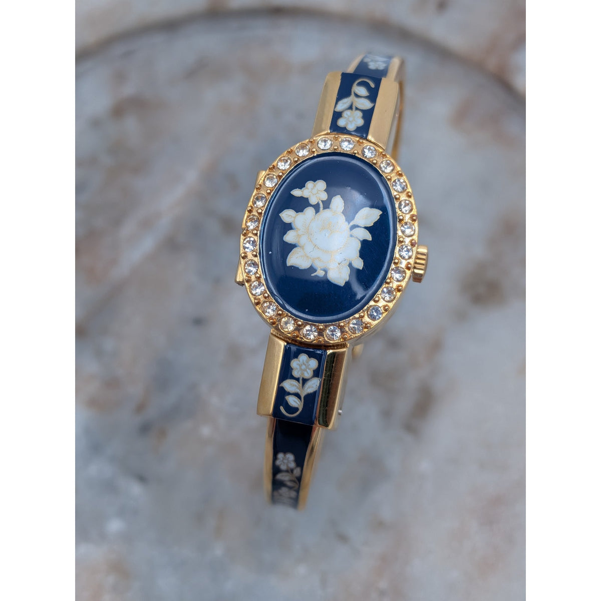 Vintage Andre Mouche Gold Tone Peekaboo Watch Blue Enamel White Flowers & Stones