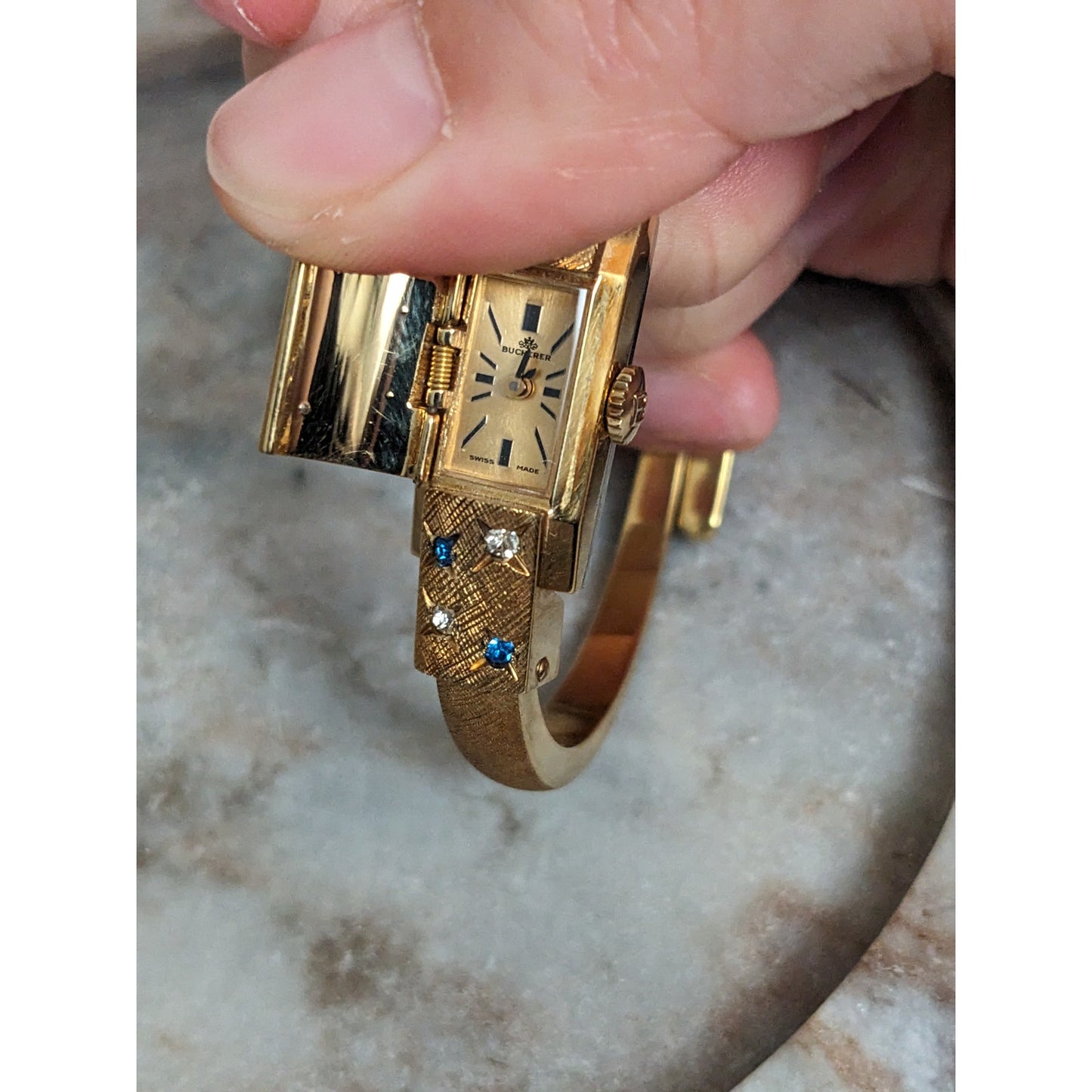 Vintage Andre Mouche Silver Tone Bangle Watch with Blue Floral Enamel Working