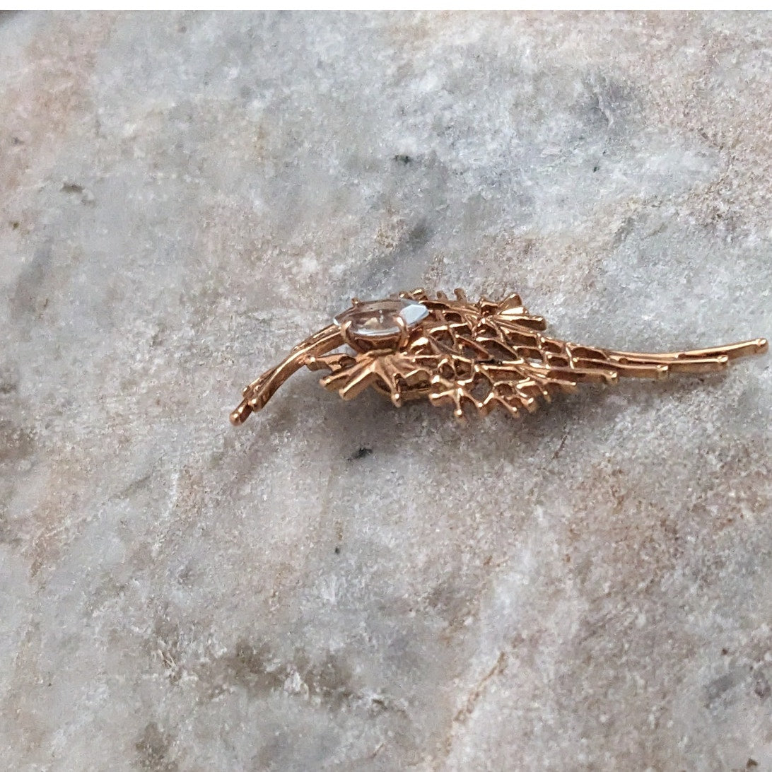 Vintage 14K Gold Modernist Brutalist Pendant with Light Blue Gem
