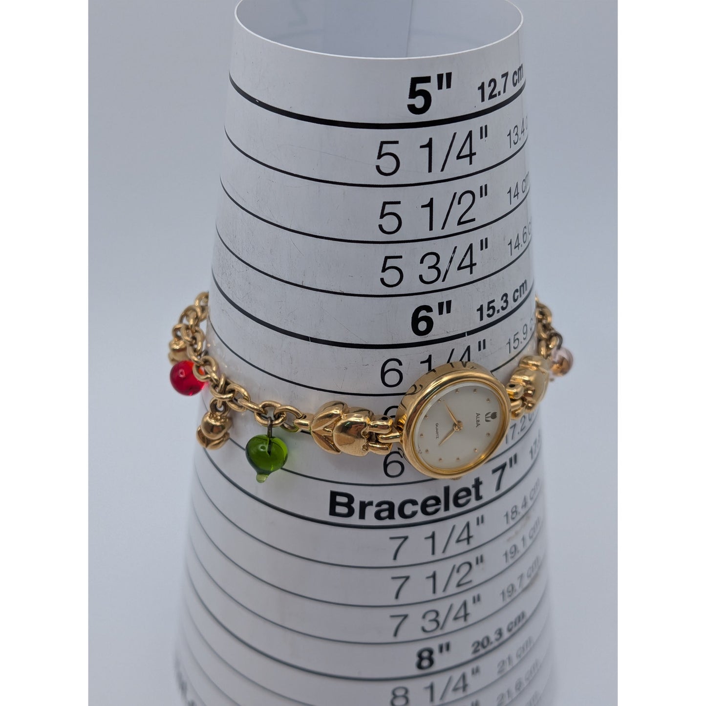 Vintage Modified Seiko Alba Gold Watch Flowers & Glass Drop Beads Charms