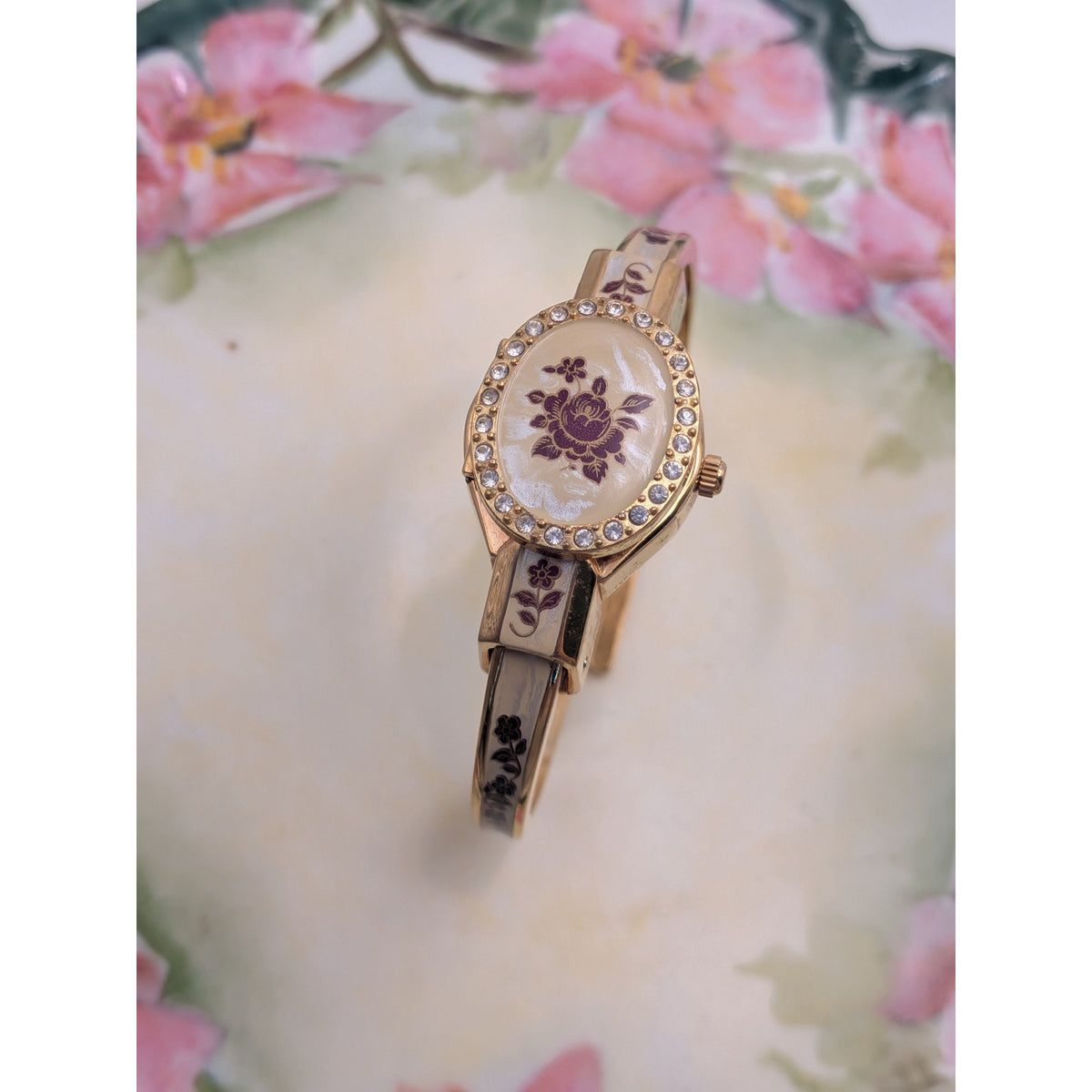 Vintage Andre Mouche Gold Tone Peekaboo Watch Cream Enamel Red Flowers & Stones