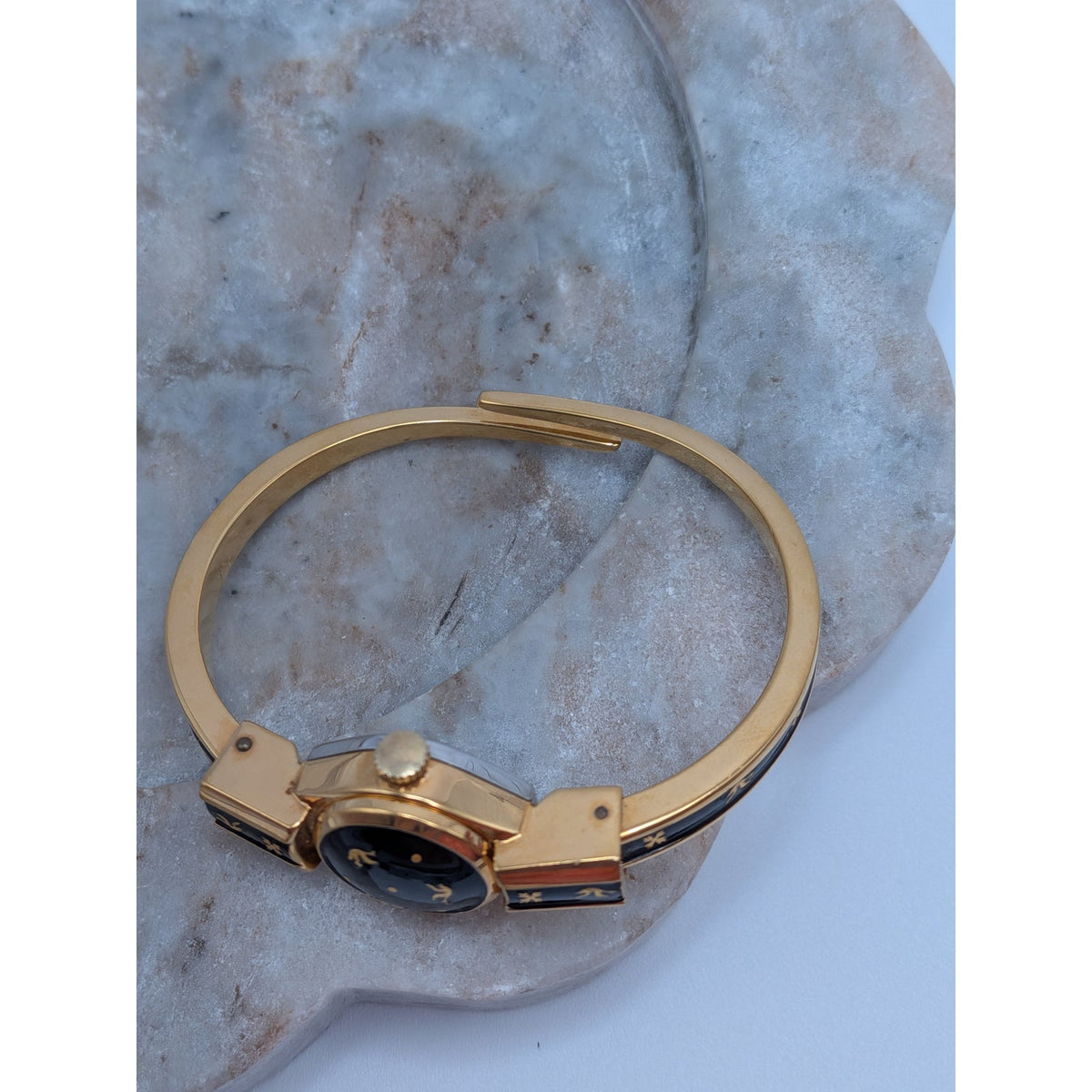 Vintage Consul MANUAL Gold Tone Peekaboo Watch Black Enamel Gold Birds & Flowers