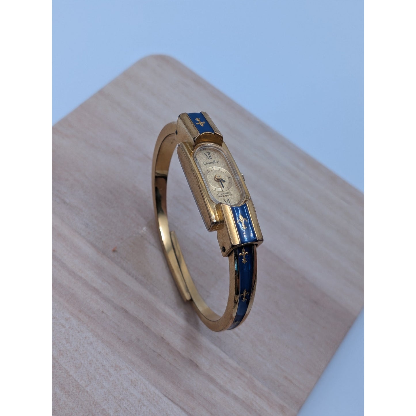Vintage Chandler Gold Tone Manual Watch Blue Enamel Fleur De Lis Accents
