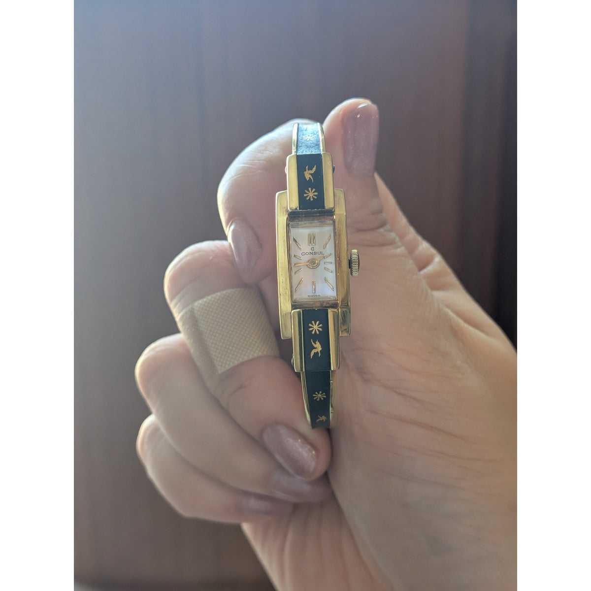 Vintage Consul Gold Tone Watch Matte Black Enamel Bird and Flower Accents