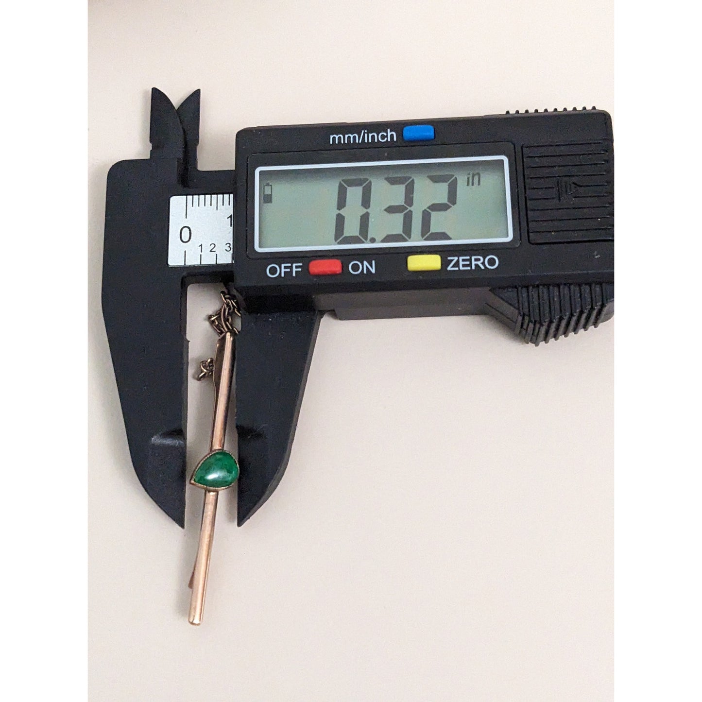 Vintage Unmarked 10k Rose Gold Tie Bar with Green Teardrop Gem