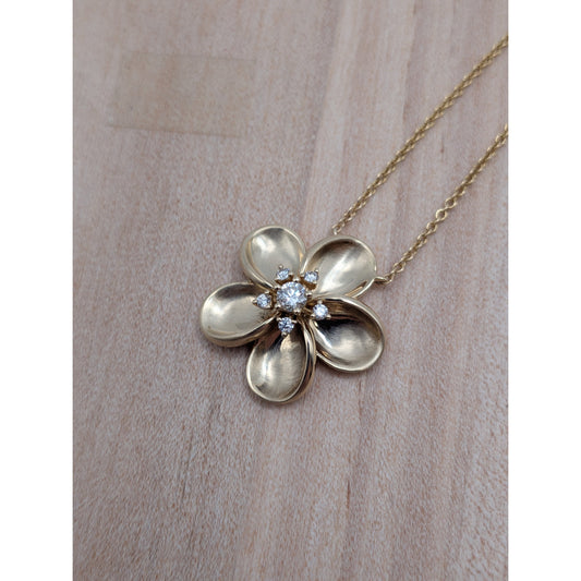 Estate 14k Gold Diamond Flower Pendant Necklace w/ Extender 16 or 18in