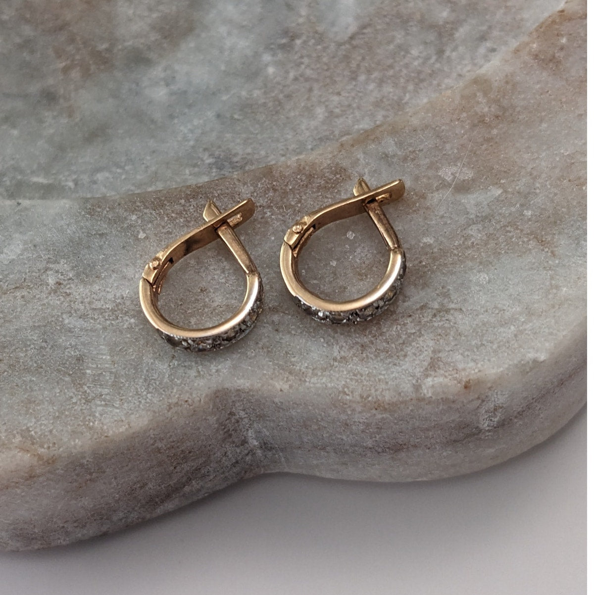 Vintage 14k Yellow Gold Dainty Tiny Hoops with Diamonds Earring