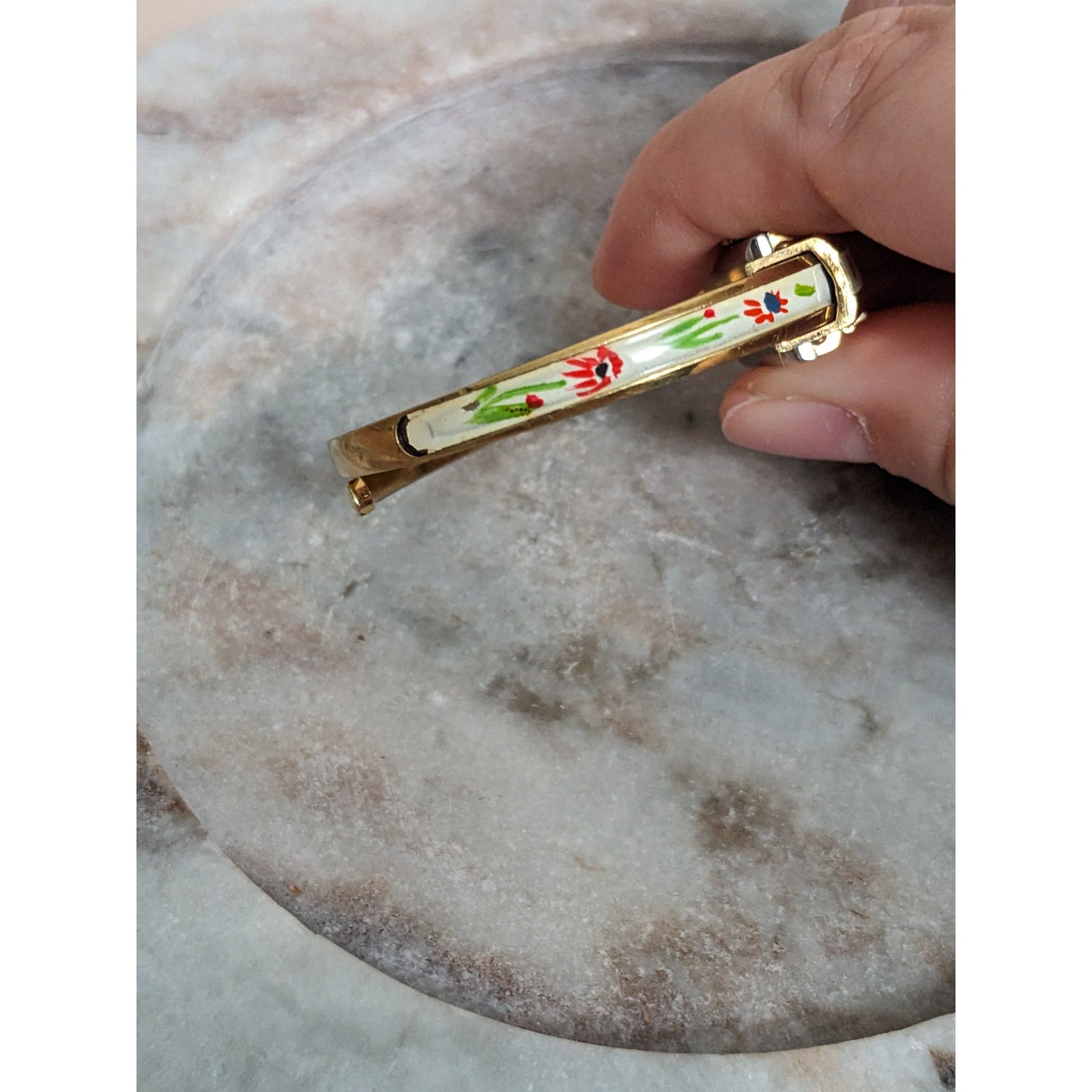 Vintage Andre Mouche Silver Tone Bangle Watch with Blue Floral Enamel Working