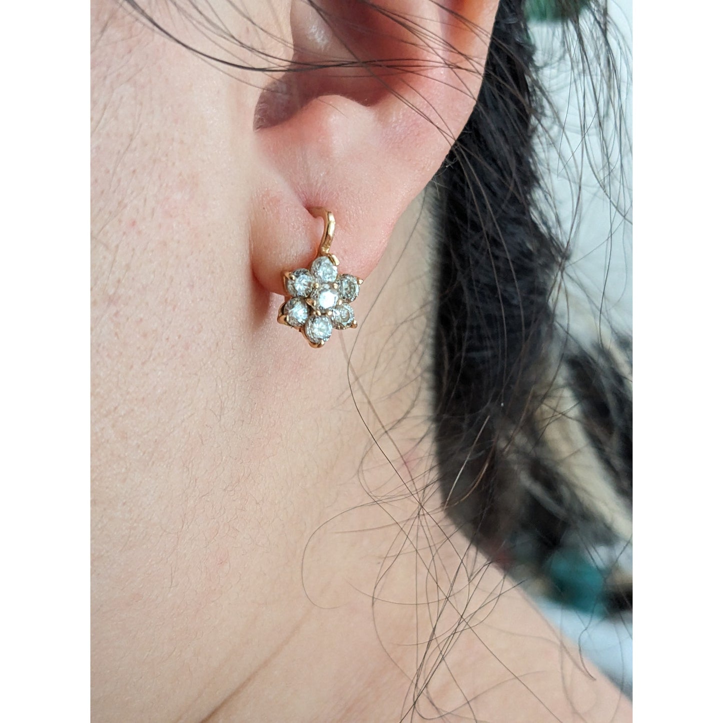Vintage 14k Gold Dangle Accent Stones Flower Cluster Earrings