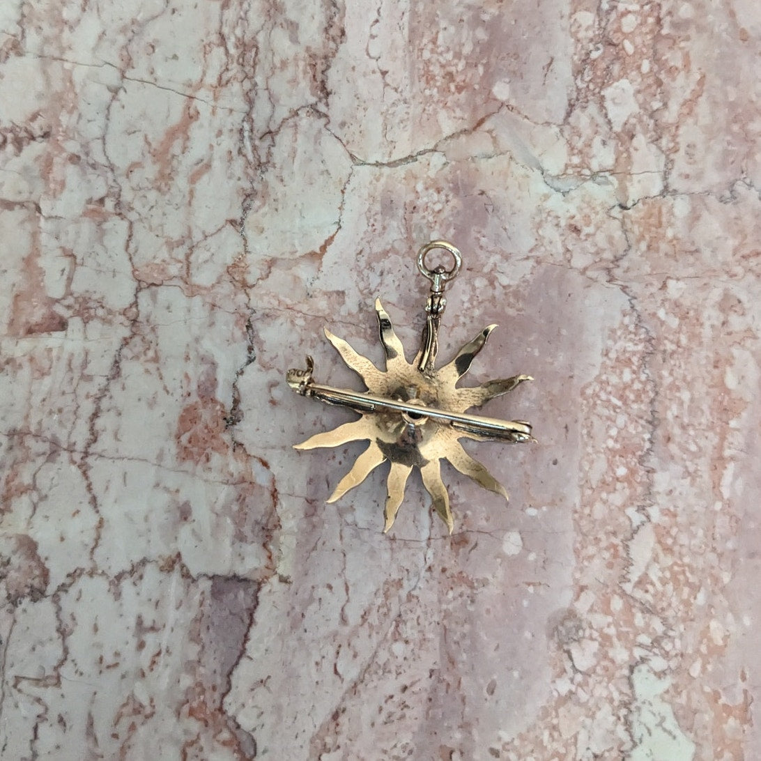Vintage 10k Gold Starburst Sun with Seed Pearls Brooch / Pendant
