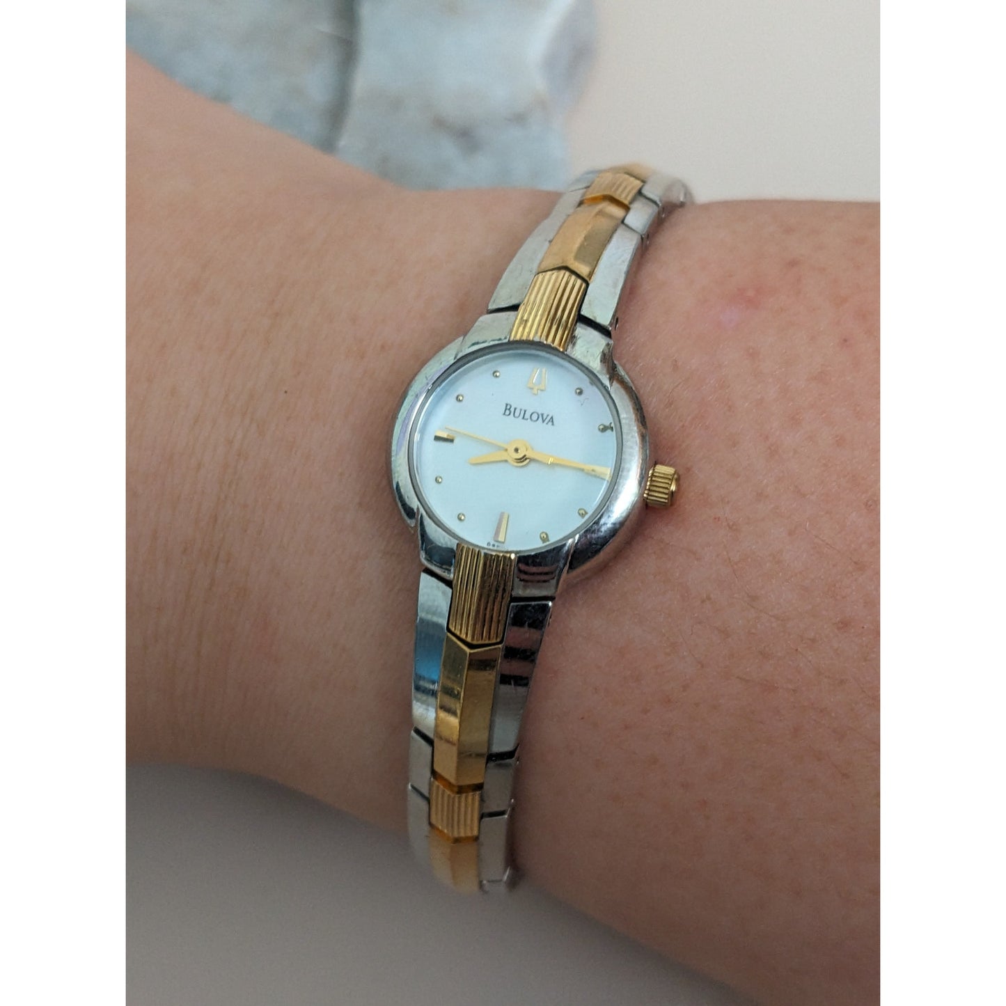 Vintage Andre Mouche Silver Tone Bangle Watch with Blue Floral Enamel Working