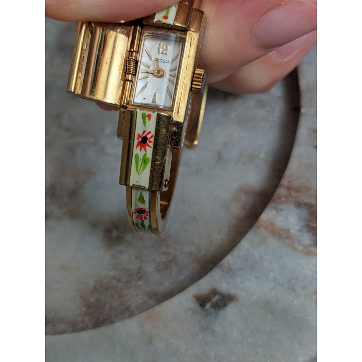 Vintage Andre Mouche Silver Tone Bangle Watch with Blue Floral Enamel Working