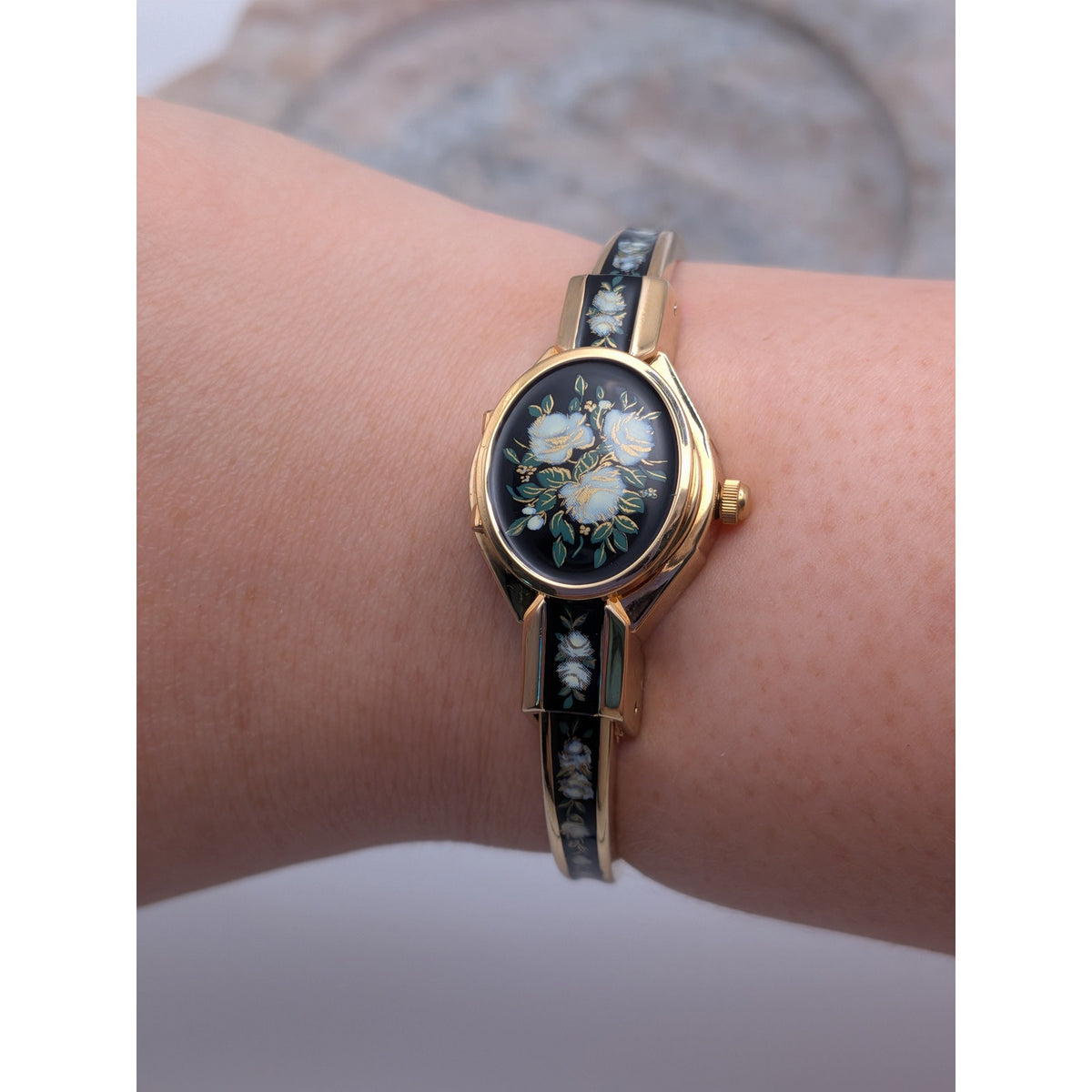 Preowned Andre Mouche 2000s Gold Tone Peekaboo Watch Black Enamel White Flowers