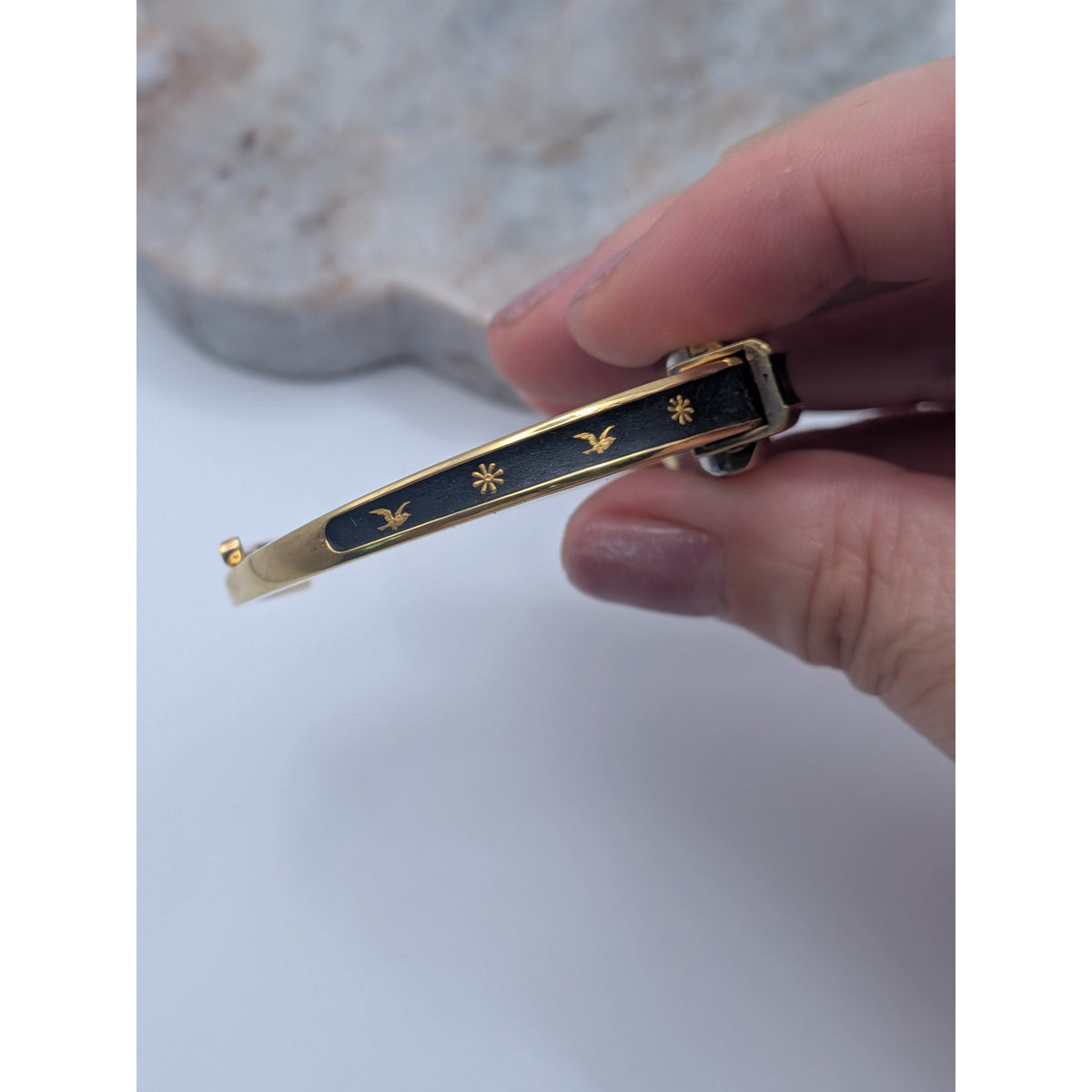 Vintage Consul Gold Tone Watch Matte Black Enamel Bird and Flower Accents