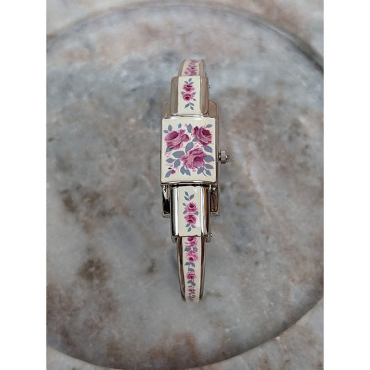 Vintage Andre Mouche Silver Tone Peek a Boo Watch Purple Floral Enamel