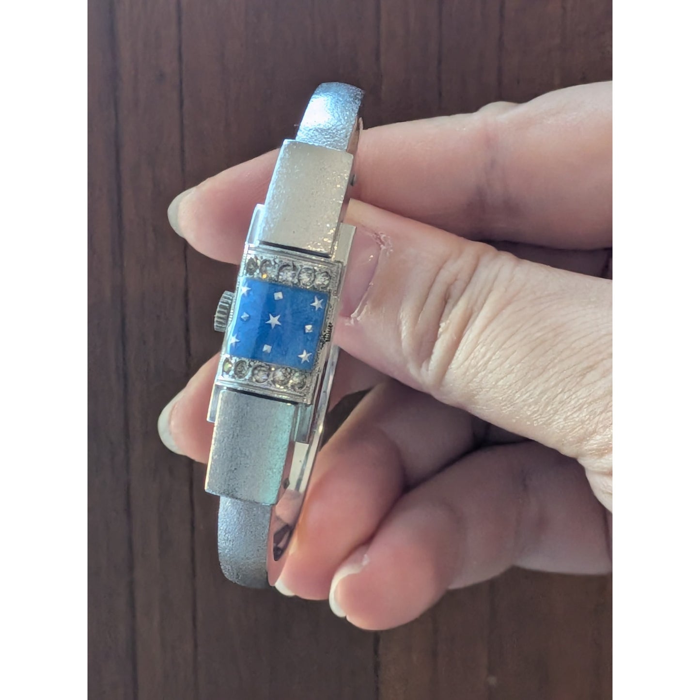 Vintage Chandler Manual Silver Tone Peekaboo Bangle Watch Blue Star Cover