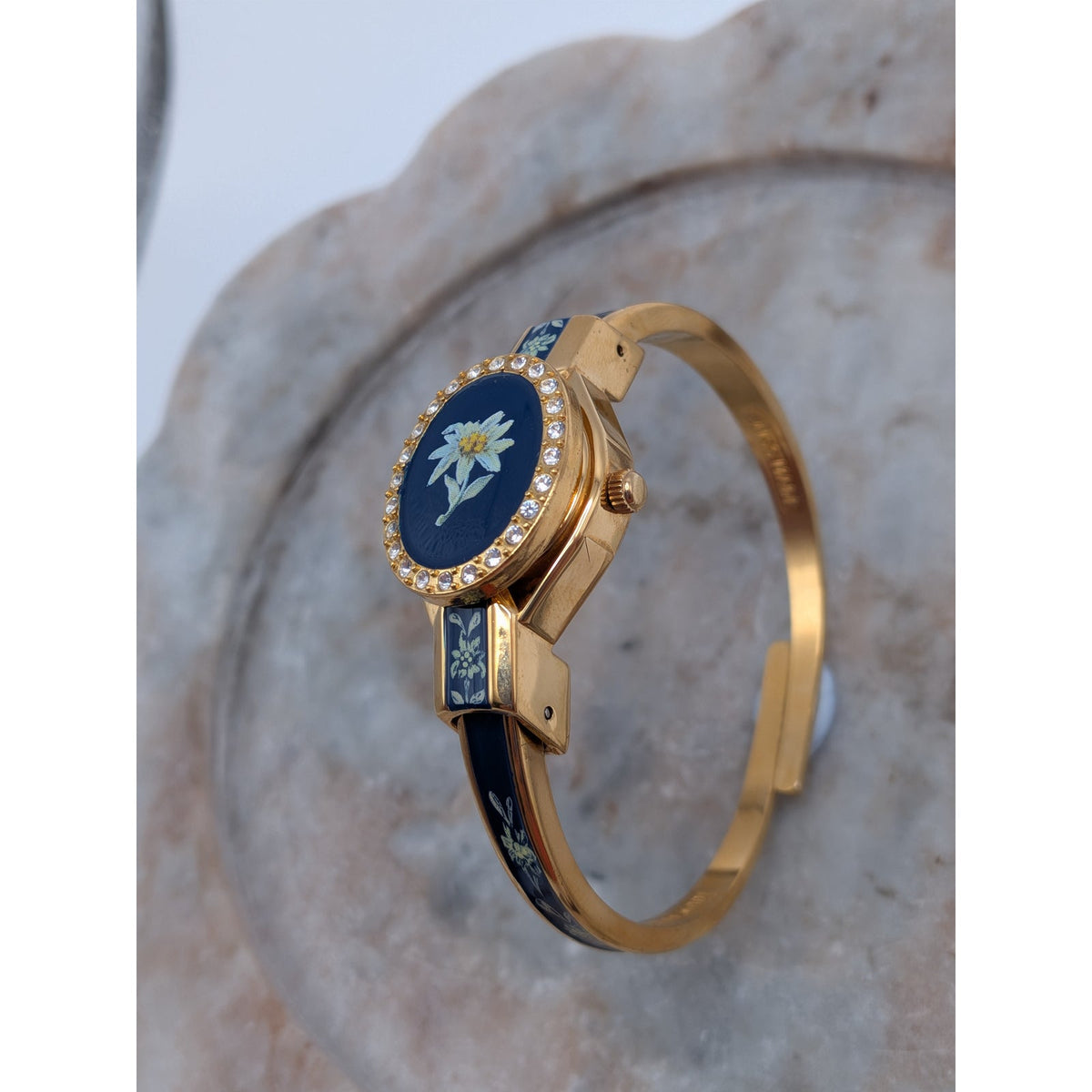 FLAW Vintage Andre Mouche Gold Tone Peekaboo Watch Blue Enamel and Flower Accent