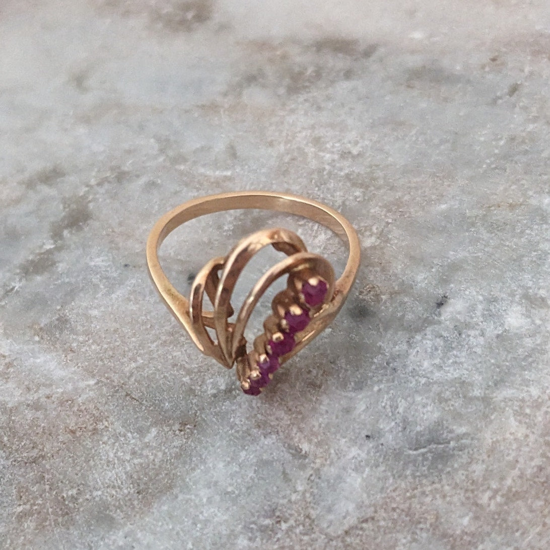Vintage USSR 14k 1950s Gold Cocktail Abstract Ring with Lab Rubies Size 8.25