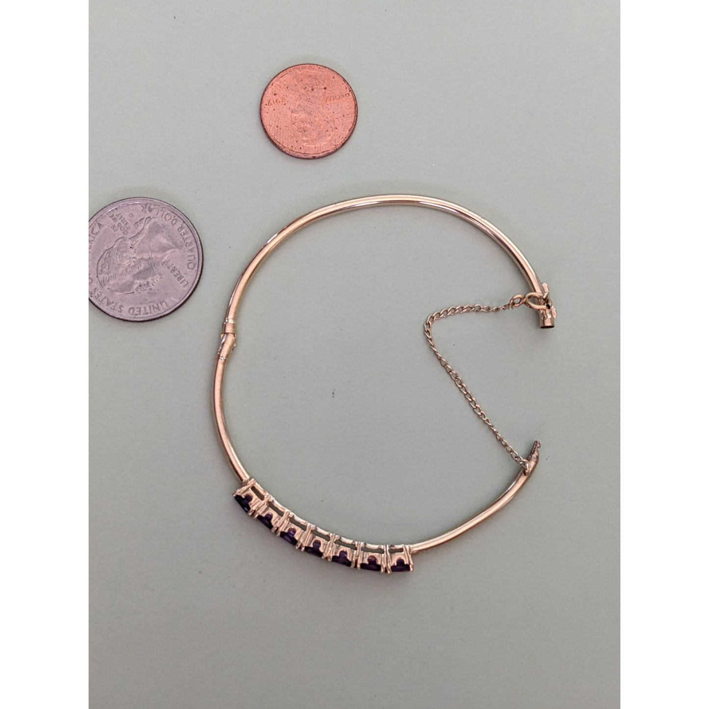 Vintage 14k Yellow Gold Hollow Bangle with Oval Purple Amethyst Bracelet