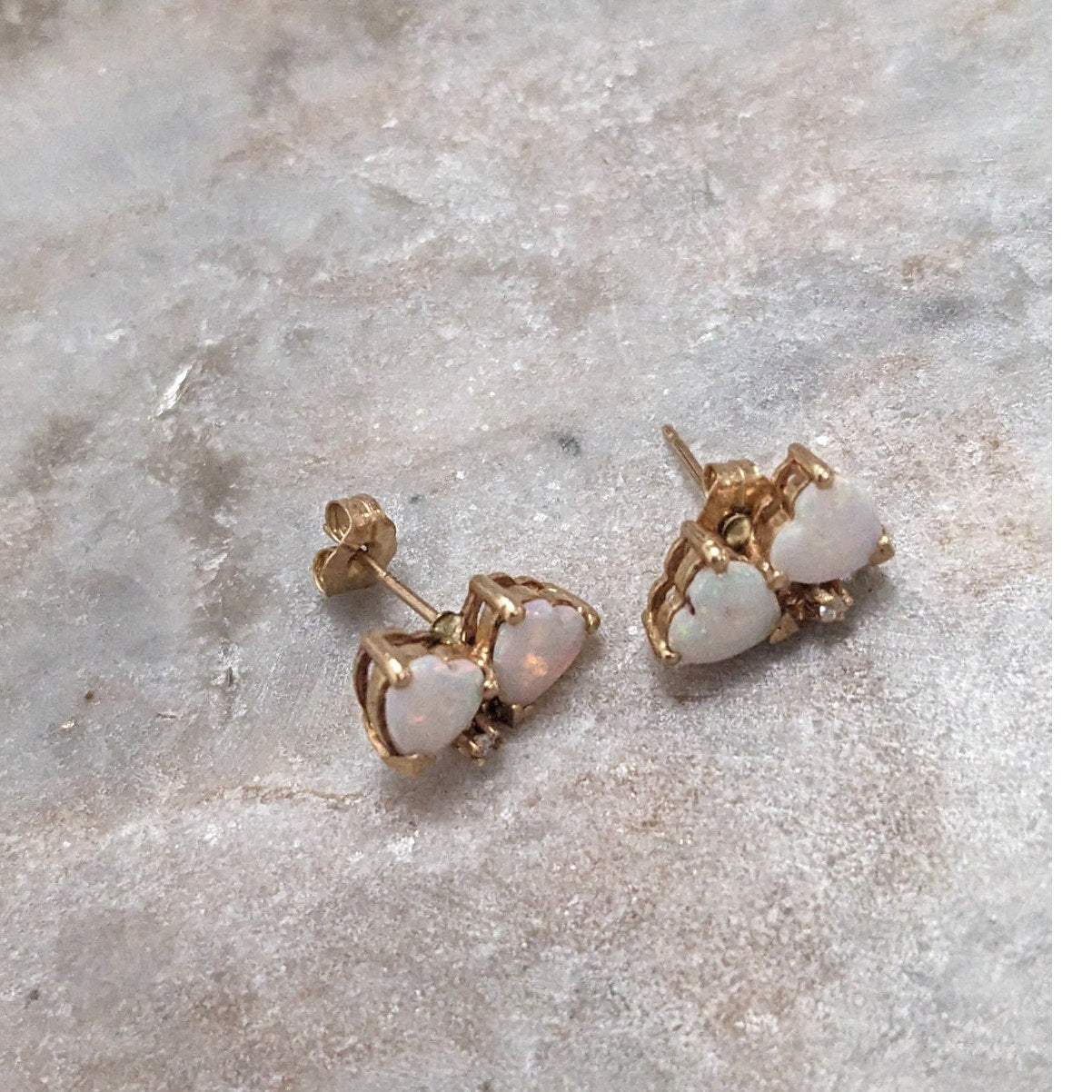Vintage 14k Yellow Gold Double Opal Hears Stud Earrings